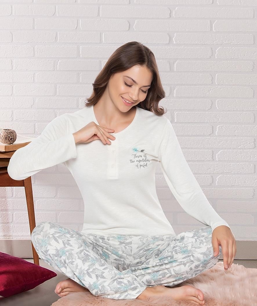 Dowry Uzun Kol Jakarlı Kumaş Yumuşak Kışlık Şık Zarif Pijama Takım Dowry 09-164 görsel 8