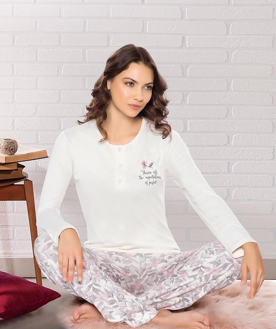 Dowry Uzun Kol Jakarlı Kumaş Yumuşak Kışlık Şık Zarif Pijama Takım Dowry 09-164 görsel 2