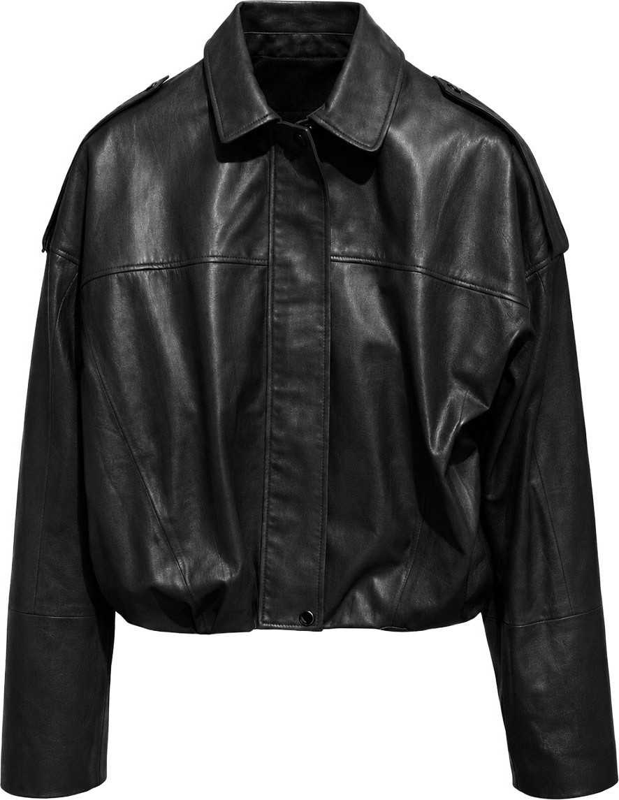 Deriderim Siyah Hakiki Deri Oversize Crop Kemerli Omuz Apolet Detaylı Kadın Ceket görsel 5