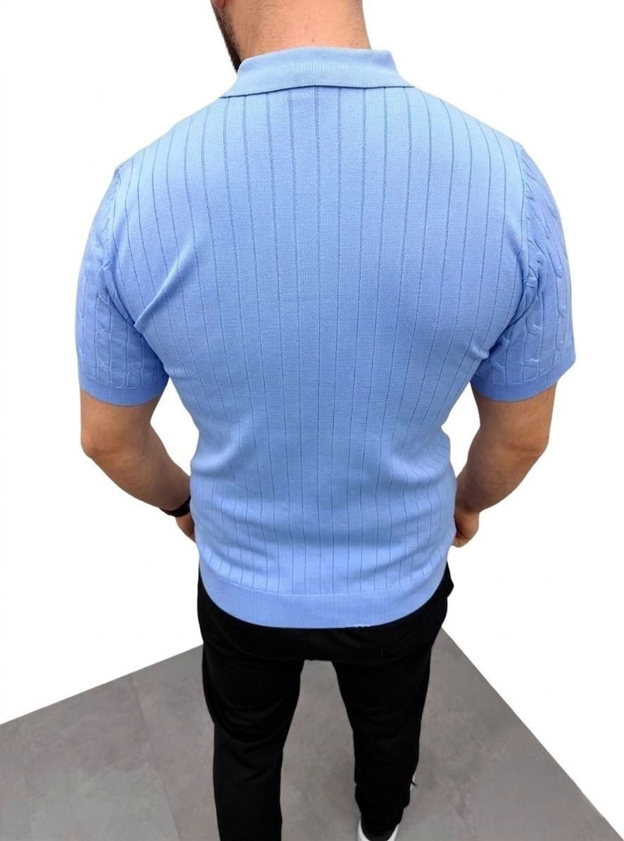 Fantastik Store Erkek Yazlık Triko Saç Örgü Tişört Kısa Kol Polo Yaka Fermuarlı T-Shirt - Bebe Mavisi görsel 2