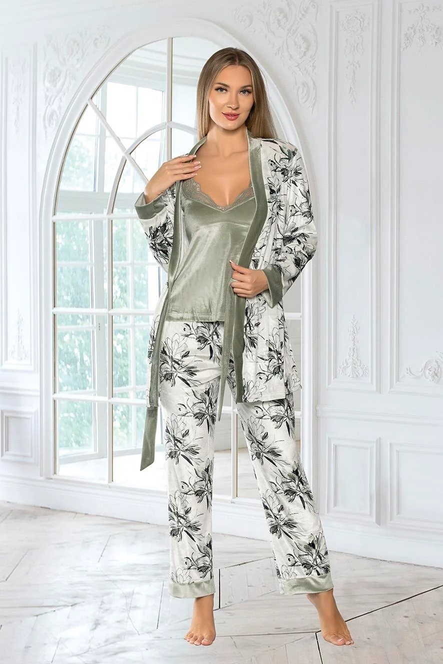 Flz Kadın Sabahlıklı Kadife Üçlü Pijama Takım Çeyiz Fantazi Set Flz 31-93 görsel 7