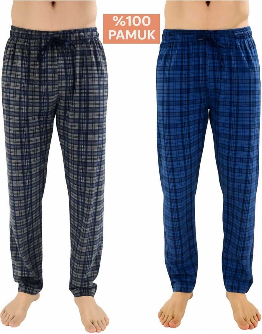 Düven Erkek Pamuklu Ekose Bordo & Indigo 2'li Tek Alt Pijama - Mevsimlik Bay Unisex Pijama Altı
