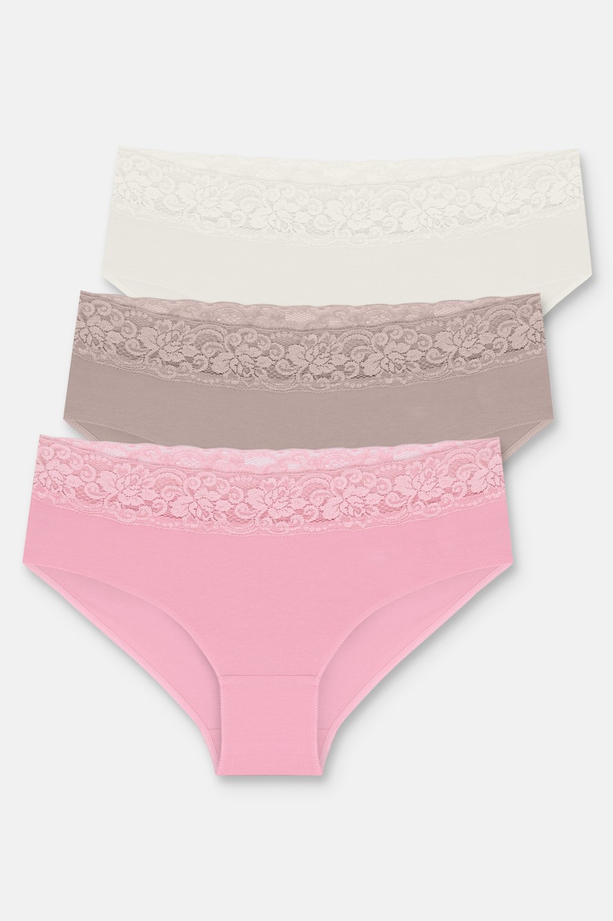 Suwen 3 Lü Pamuklu Brazilian Şort - Ekru/Vizon/Pembe