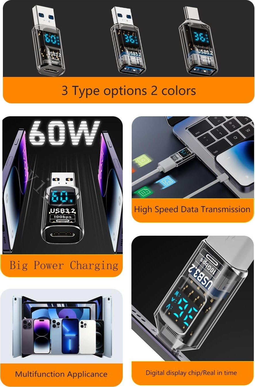 Aesco Livx Revolution USB 3.2 To Type C Dönüştürücü 60W Hızlı Şarj 10GBPS Veri Transferi Dijital Ekran Otggf görsel 5