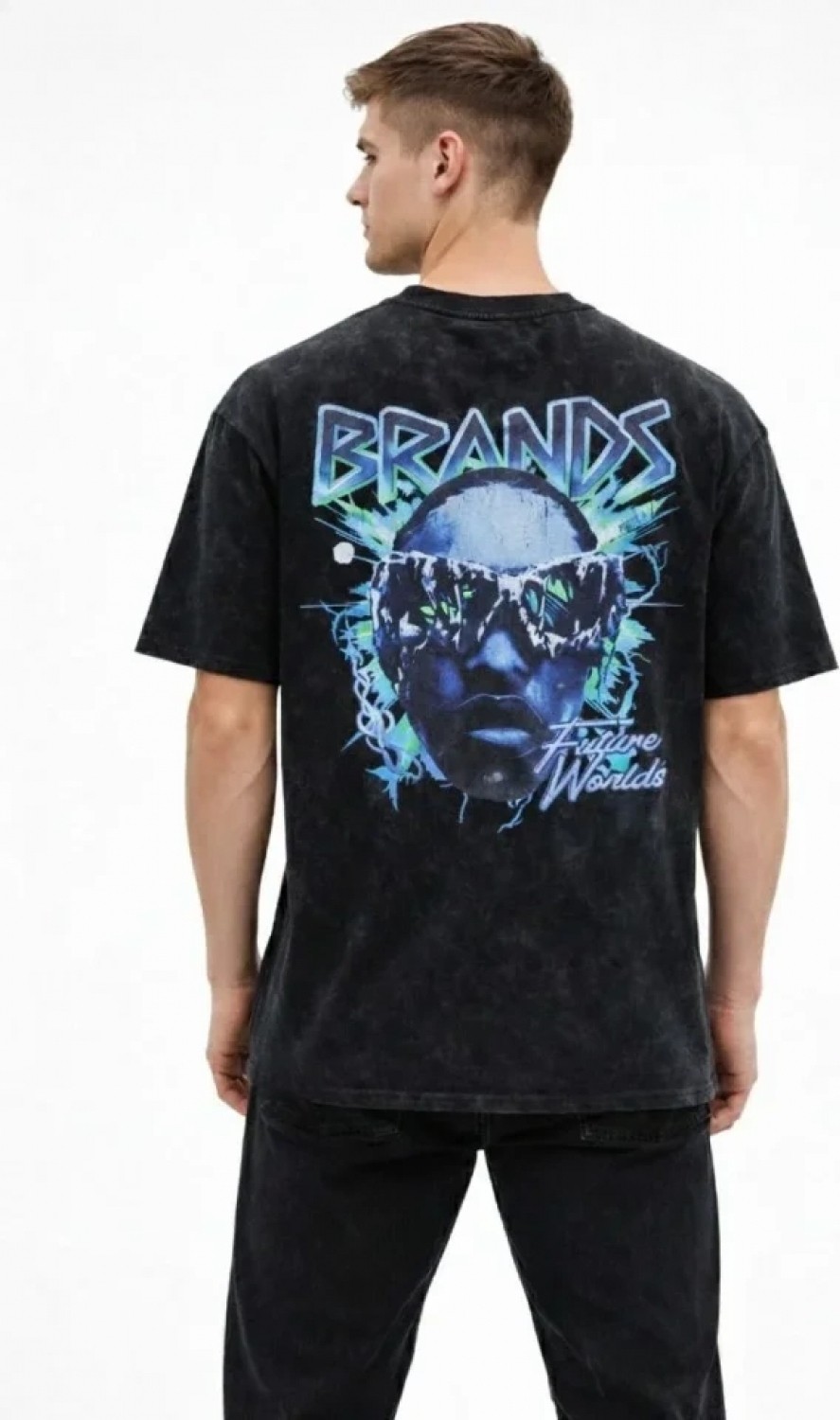 Pileli Store Erkek Asit Yıkamalı Oversize Tişört Future Worlds Baskılı Bisiklet Yaka Kısa Kollu Streetwear %100 Pamuk Street Style T-Shirt - Siyah