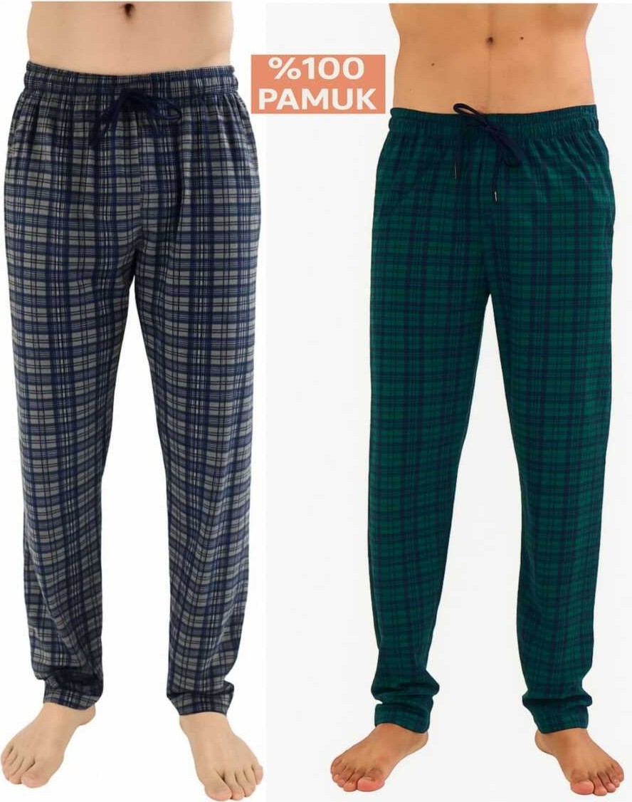 Düven Erkek Pamuklu Ekose Bordo & Indigo 2'li Tek Alt Pijama - Mevsimlik Bay Unisex Pijama Altı