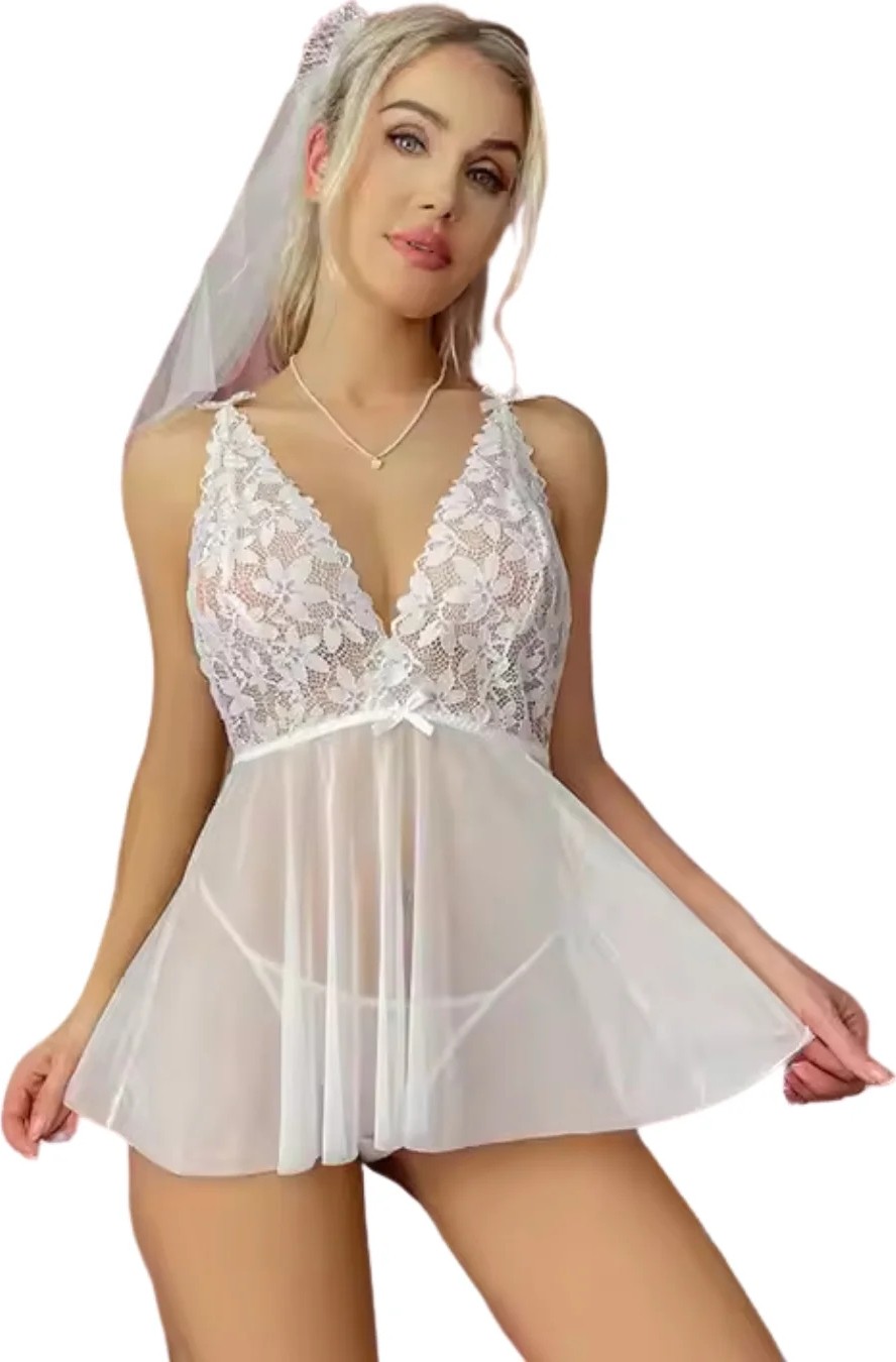 Melonika Secret Fantezi Beyaz Dantelli Transparan Tül Etekli Seksi Elbise Gecelik BC3266
