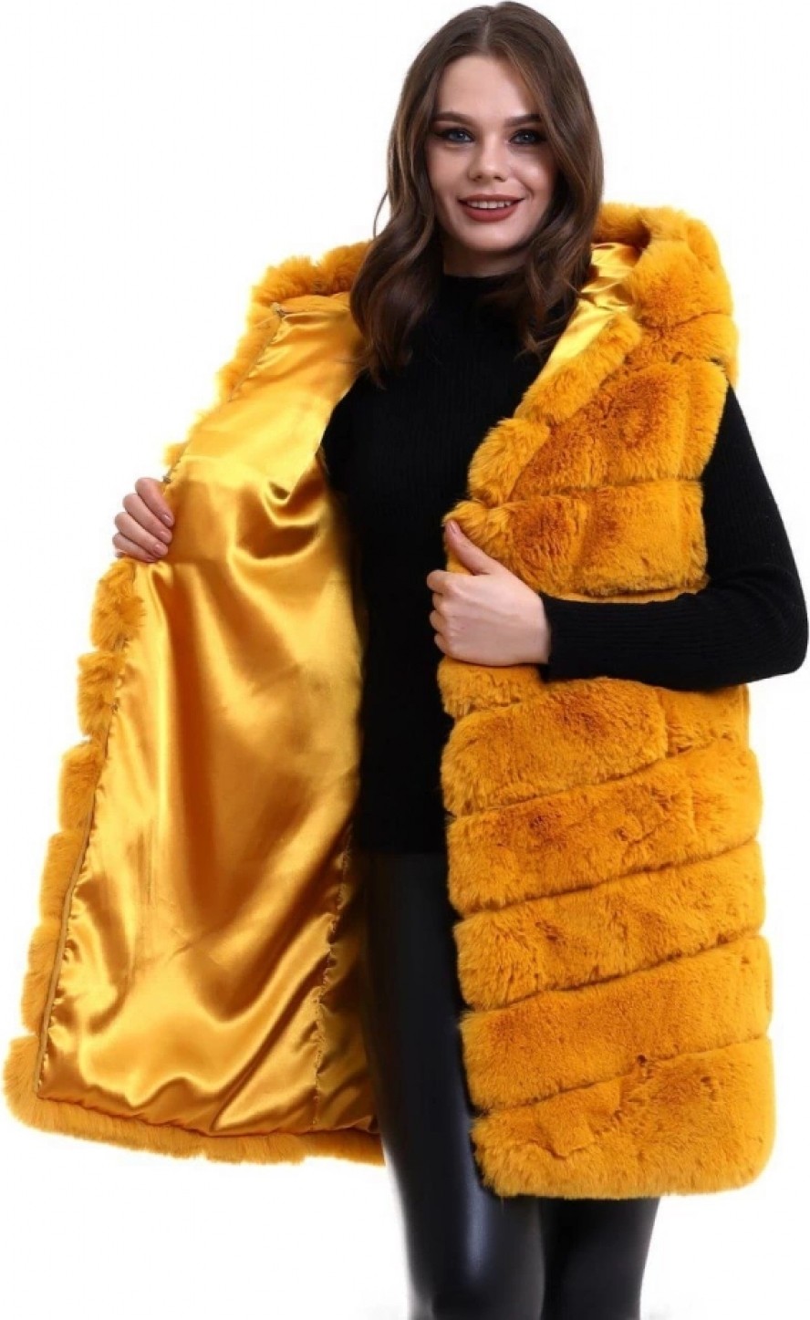 Marsilyan - Kapşonlu Peluş Kürk Yelek Premium Kalite, Tam Astarlı, Uzun Model - Sarı görsel 3