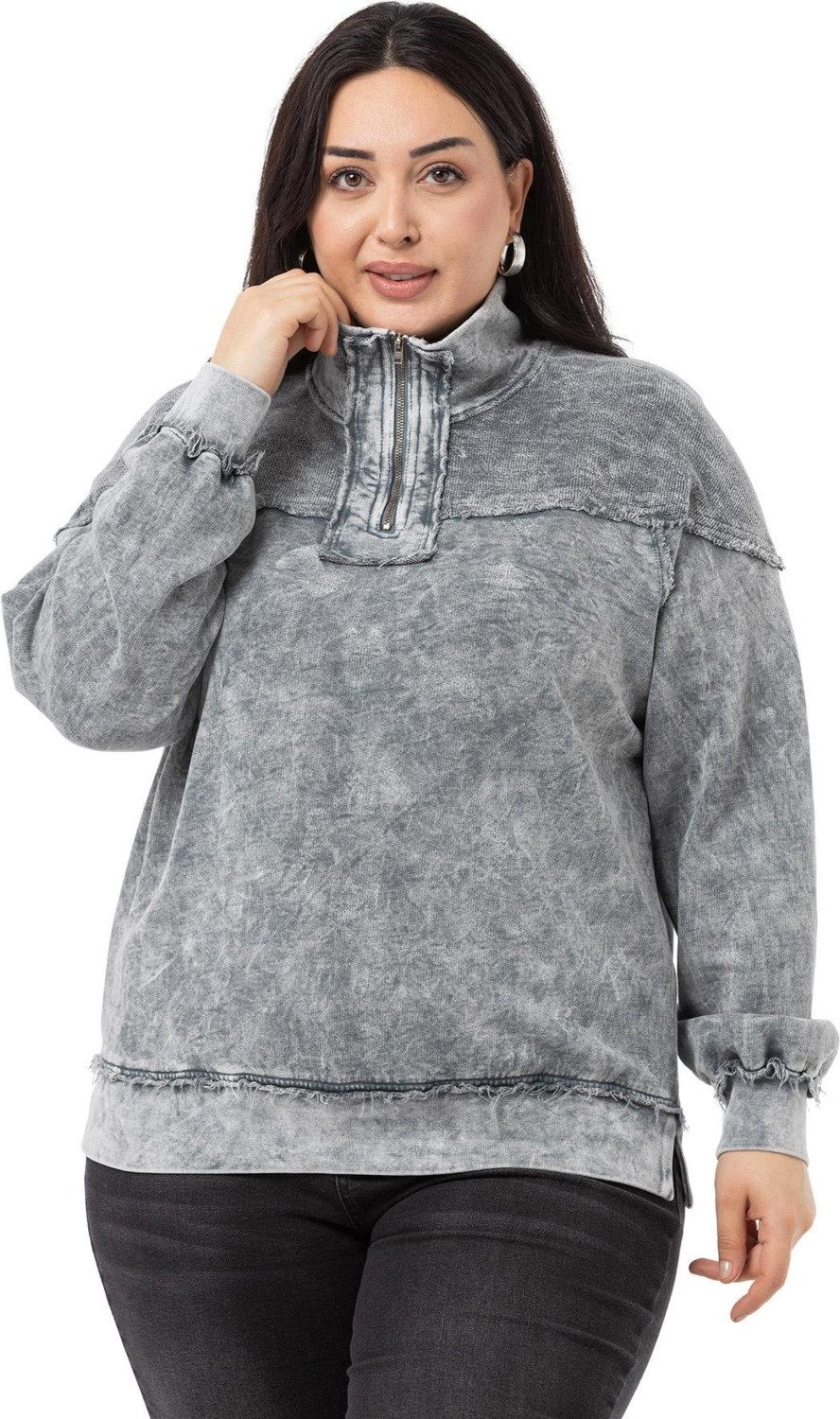 Disentis Modest Büyük Beden Pis Dikişli Fermuarlı Yırtmaçlı Parça Boyalı Gri Sweatshirt