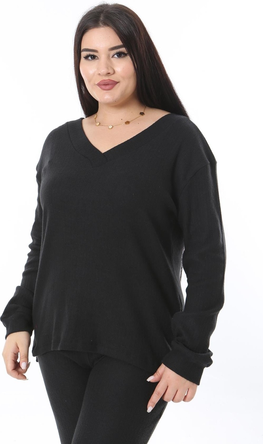 Şans Kadın Büyük Beden Siyah Kaşkorse Kumaş V Yakalı Bluz Pantolon Ikili Takım 65N38379 görsel 4