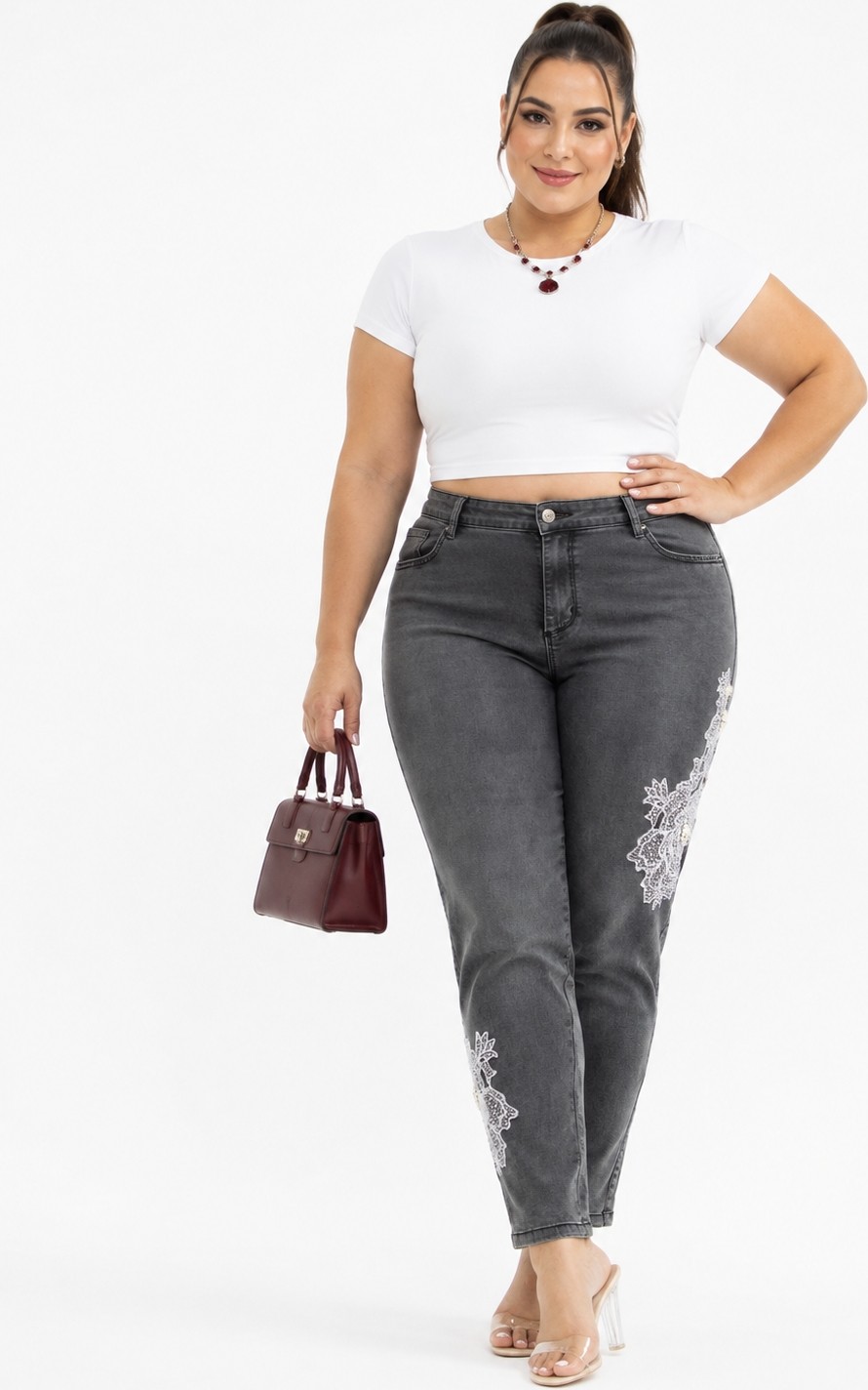 Trieste Wear Büyük Beden Yüksek Bel Çiçek Dantel ve Inci Detaylı Denim Kadın Pantolon