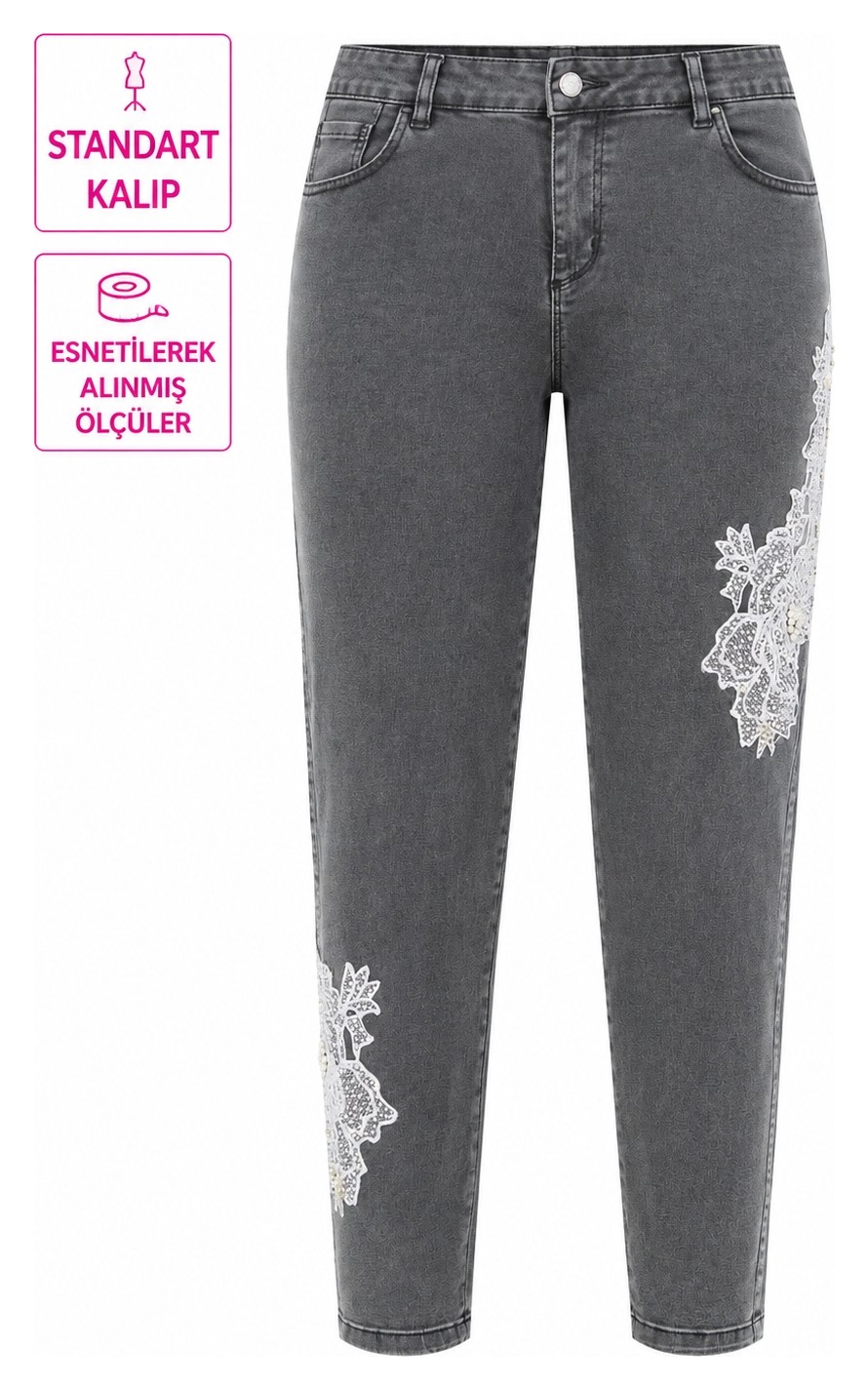Trieste Wear Büyük Beden Yüksek Bel Çiçek Dantel ve Inci Detaylı Denim Kadın Pantolon görsel 8
