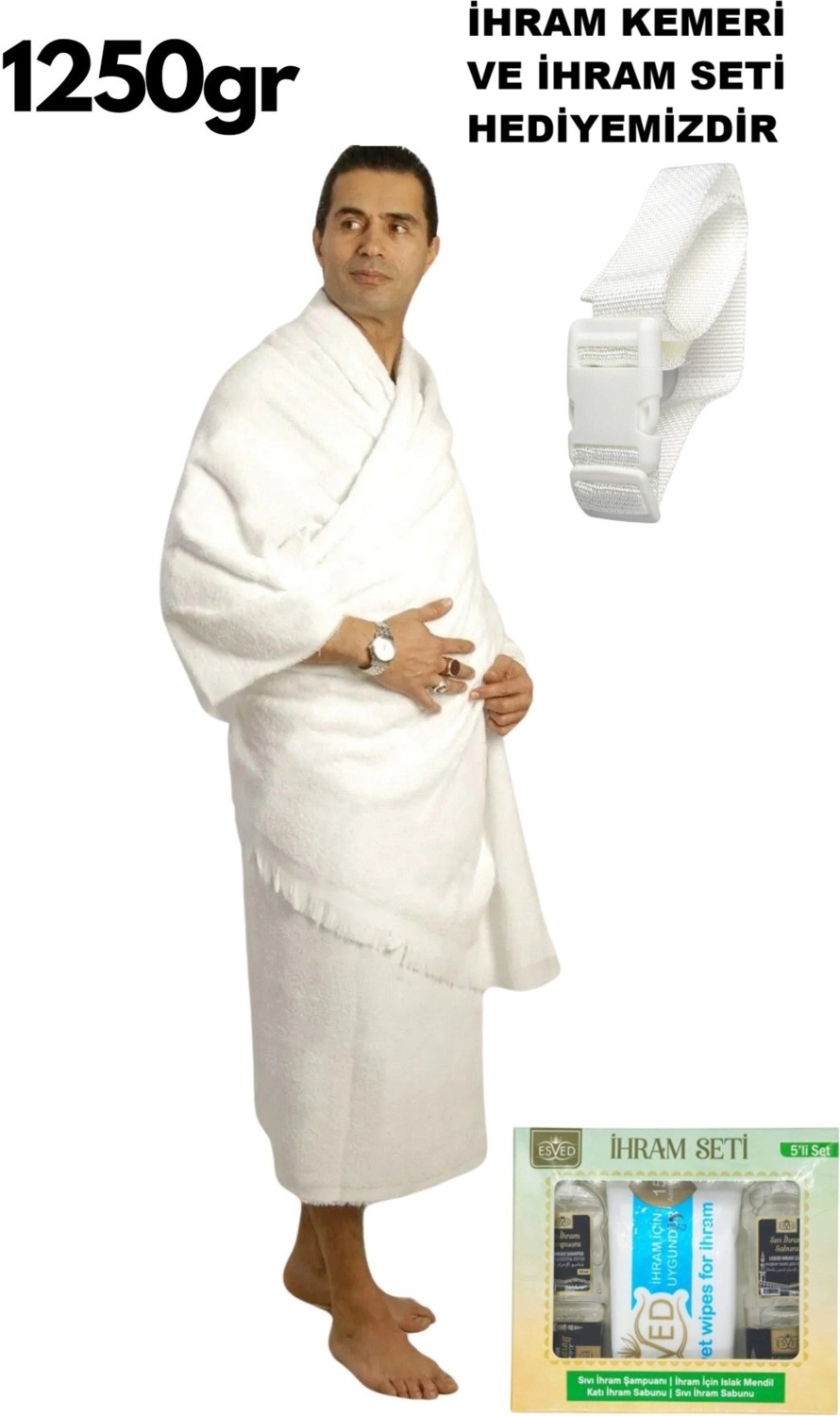 luxurianthome Lüks Hac Ihramı 1250 gr Ihram Kemeri ve Ihram Şampuan Sabun Seti Hediye