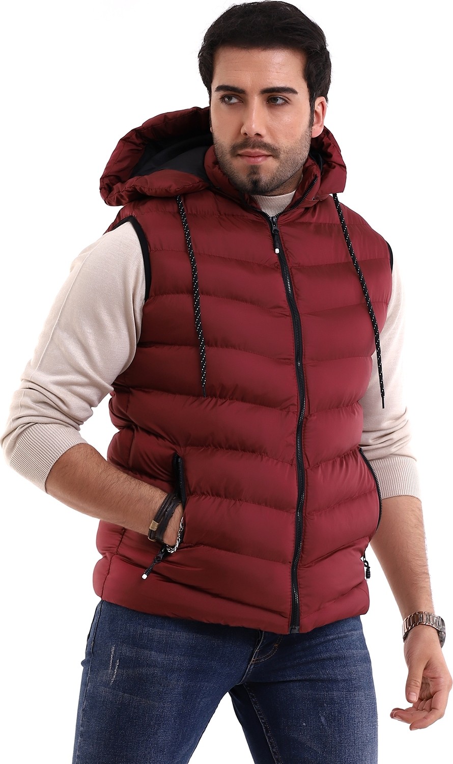 B HE Z Erkek Jel Dolgulu Çapraz Model Çıkarılabilen Kapşon Yanlardan Cepli Iç Cepli Şişme Yelek Bordo