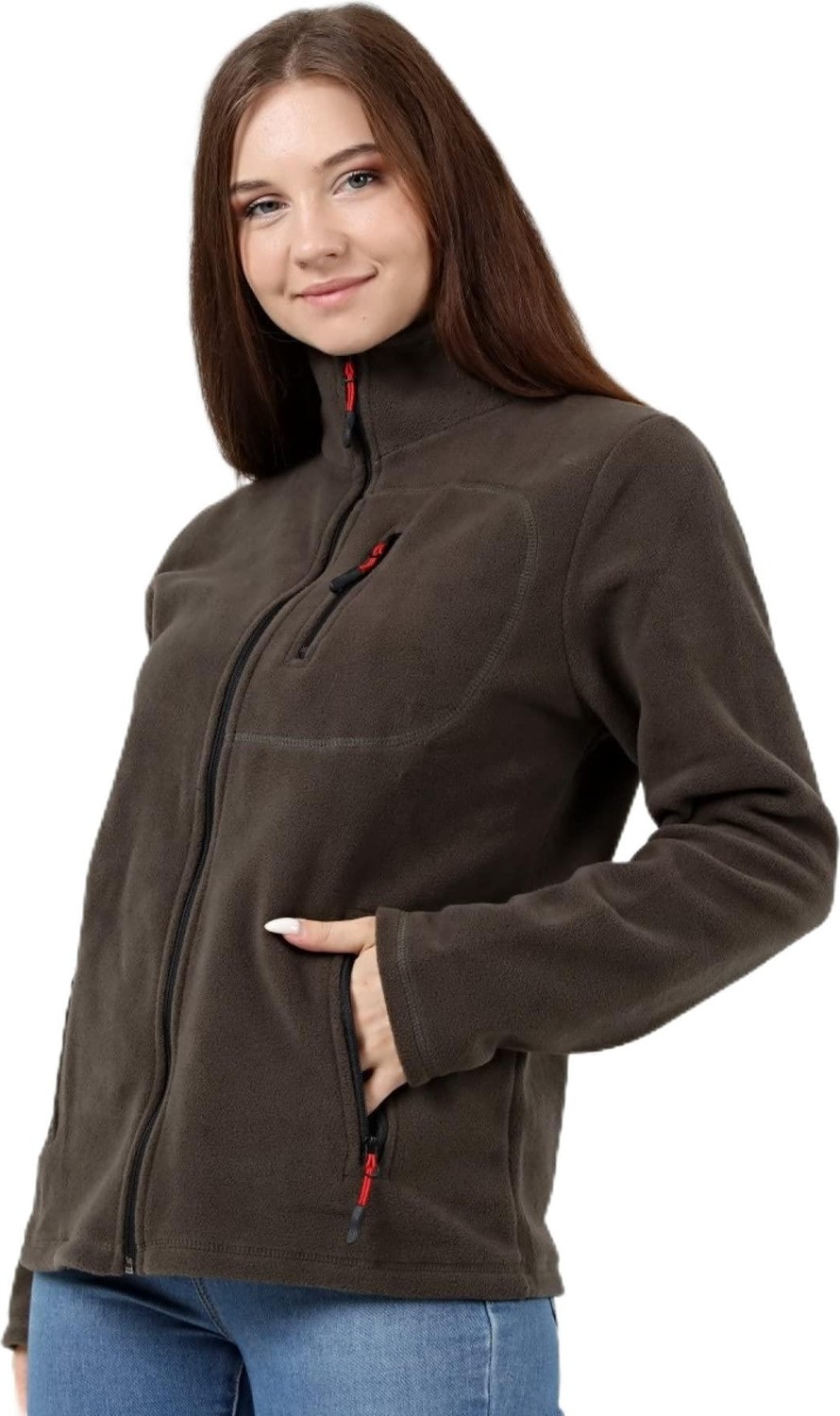 Die Grup Genıus Store Kadın Polar Tam Fermuarlı Outdoor 3 Cepli Spor Polar Ceket (Haki/s)
