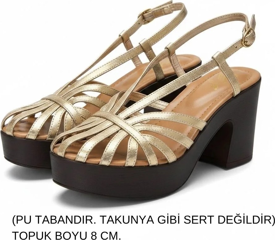 Ne&Ve Shoes Altın Deri Biye Kadın Takunya Sandalet görsel 2