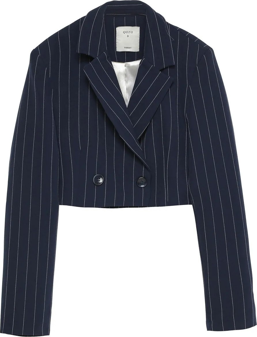 Quzu Kadın Çizgi Detaylı Crop Blazer Ceket Lacivert Dokuma Kumaş Özellikli görsel 6