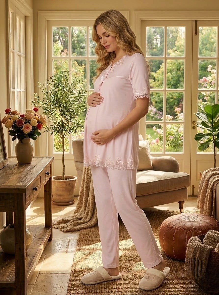 raia Yeni Sezon Pudra Dantelli Kısa Kol Emzirme Özellikli Tasarım %100 Pamuk Yazlık Hamile Pijama Takımı görsel 4