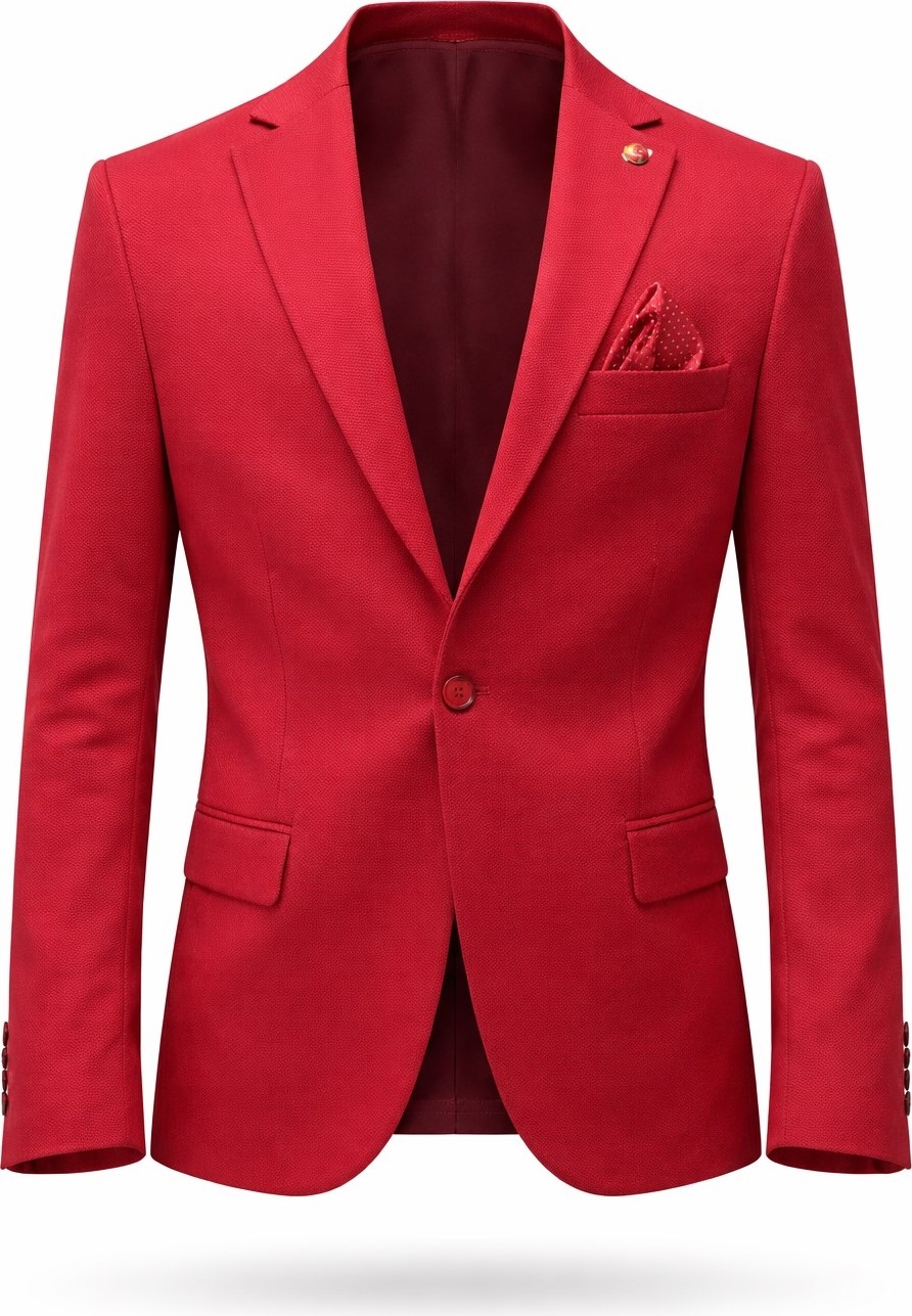 Plus Scorpion Erkek Kırmızı Armürlü Kumaş Blazer Ceket, Tek Düğmeli, Mono Yaka, Çift Yırtmaçlı Slim Fit