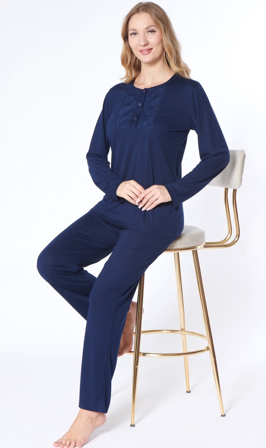 Flz Dantel Detaylı Viskon Kadın Pijama Takımı Uzun Kollu Rahat Ev Giyim Flz 89-136
