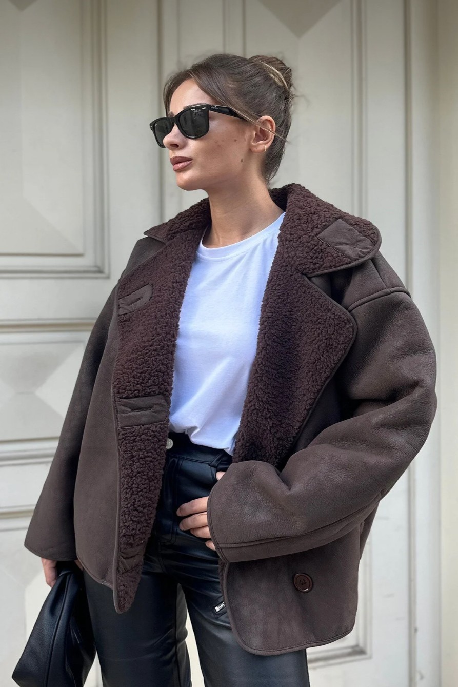 Moda Armanc Kadın Oversize Içi Kürklü Süet Deri Mont - Içi Peluşlu Yumuşak Dokulu