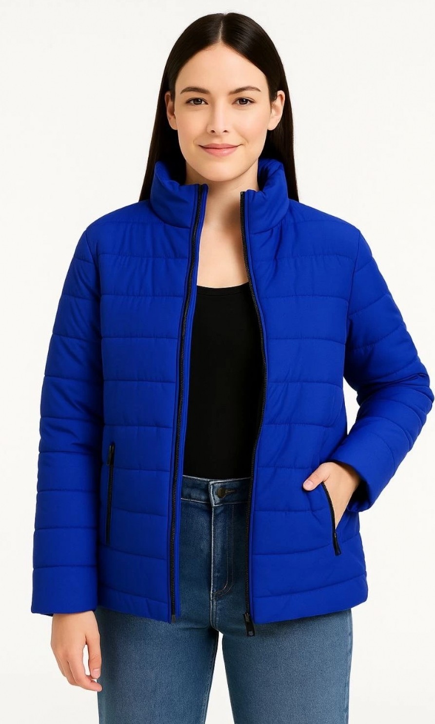 Pileli Store Bomber Mont Ceket, Su Itici Kumaş, Kapitone Astarlı, Fermuarlı, Kışlık - Saks Mavisi - görsel 5