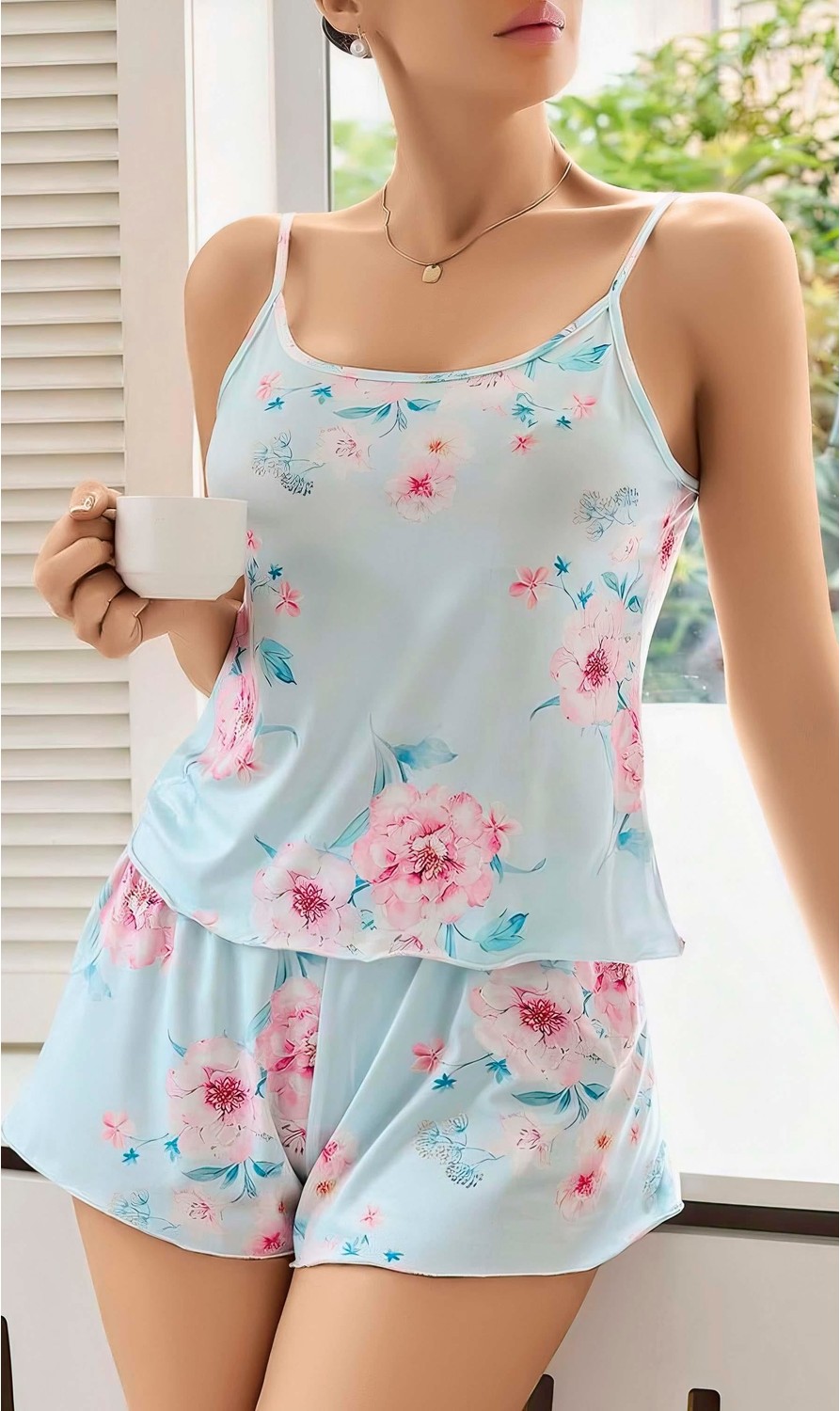 Kadın Bebek Mavisi Çiçek Desenli Askılı Şortlu Pijama Takım 5011 görsel 2