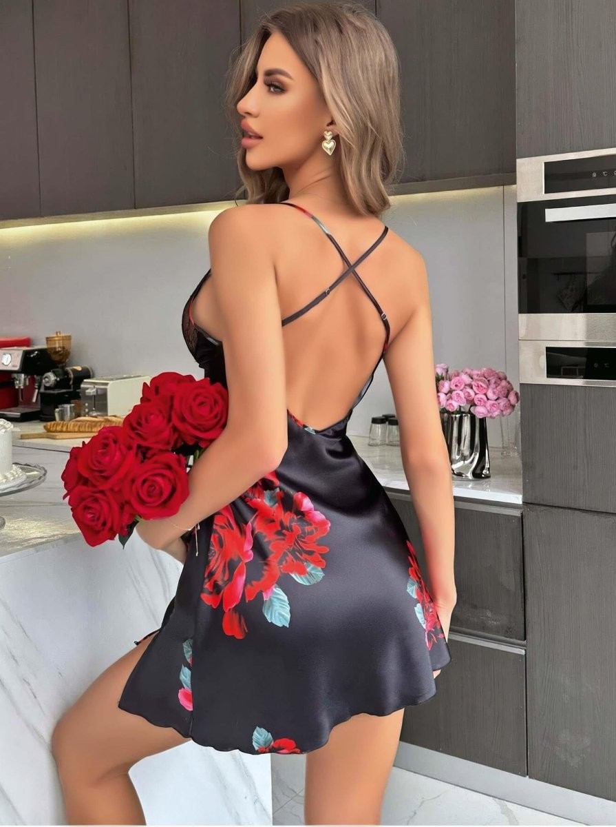 Melonika Kadın Siyah Saten Askılı Dantel Detaylı Gül Çicek Baskılı Gecelik 2221 görsel 2
