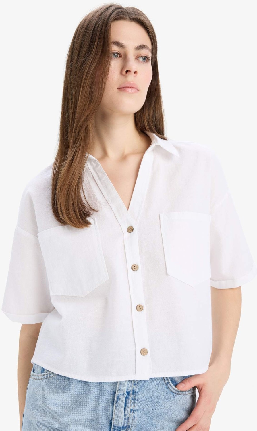 DeFacto Keten Karışımlı Boxy Fit Cepli Basic Gömlek V2523AZ25SP görsel 4