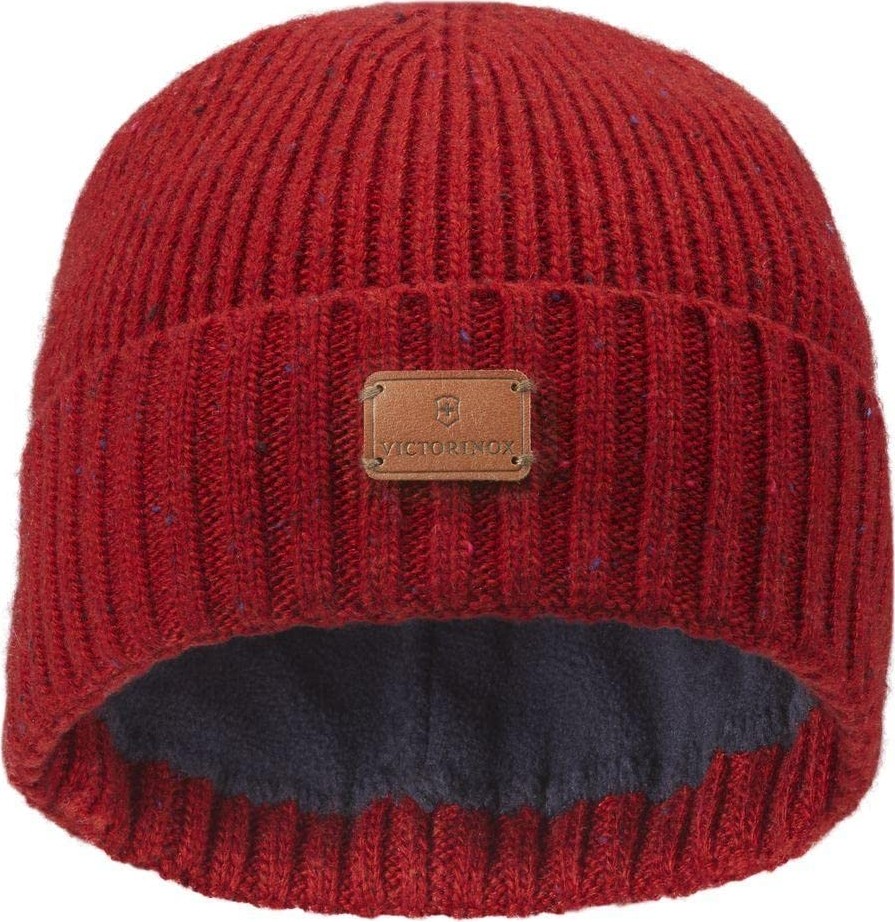 Aesco Victorinox Üniseks Rib Knit Beanie Deri Patch Şapka, Rot, Einheitsgröße