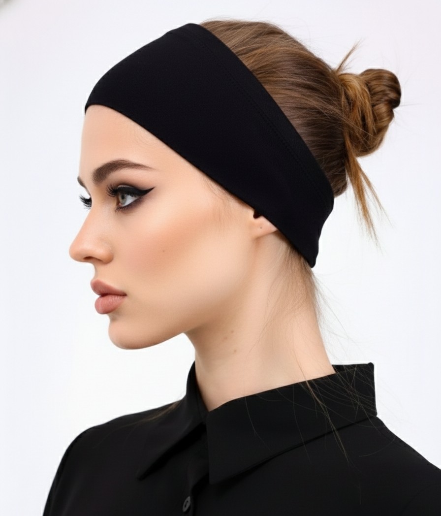 Alivascarf 2 Adet Bandana Şeklinde Bone Siyah Ekru - Kadın Tesettür Dikişsiz Geçme Iç Bone - Spor Saç Bandı görsel 3