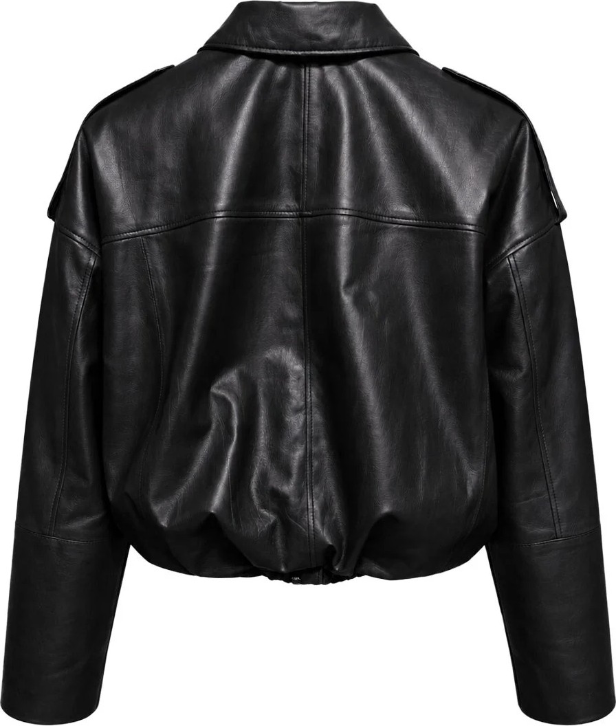 Deriderim Siyah Hakiki Deri Oversize Crop Kemerli Omuz Apolet Detaylı Kadın Ceket görsel 6