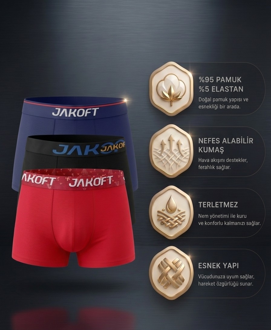 Jakoft Classic Pamuklu Erkek Boxer 3'lü Paket Kırmızı - Siyah - Lacivert görsel 3