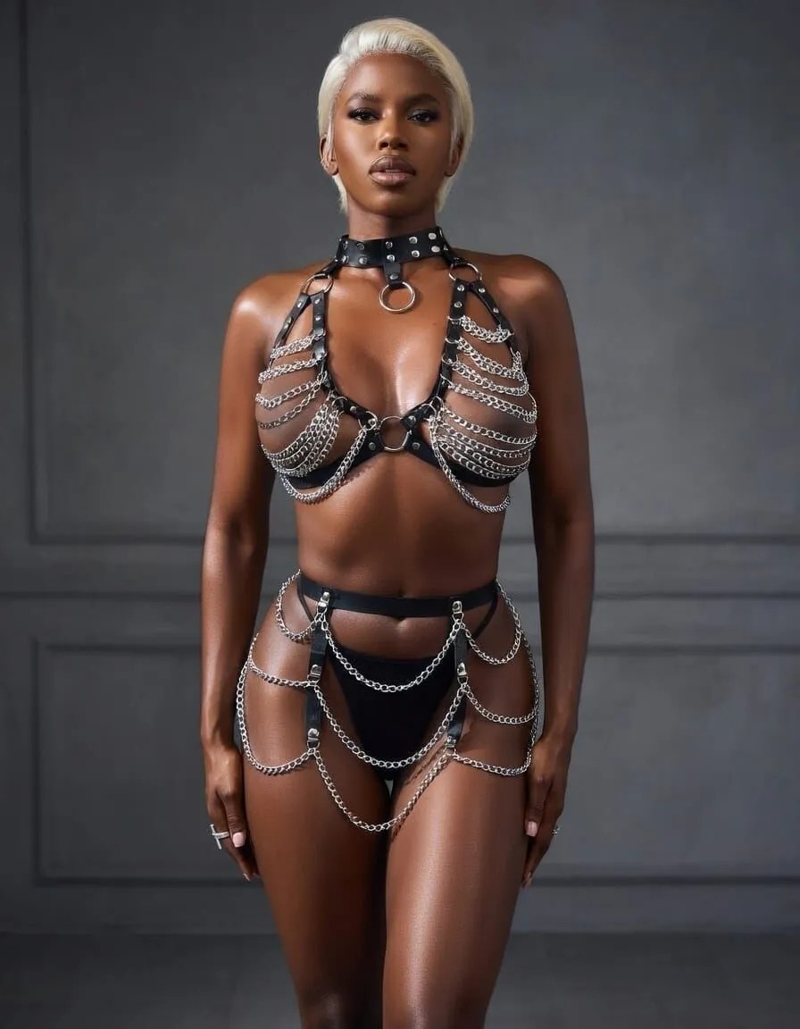 New Dreams Metal Zincir Fantazi Harness Takım Ayarlanabilir Gövde Zinciri, Deri Detaylı Erotik Aksesuar