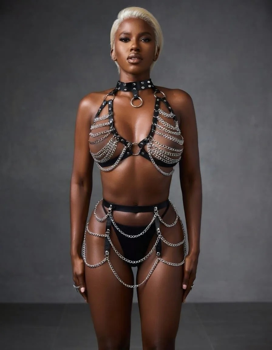 New Dreams Metal Zincir Fantazi Harness Takım Ayarlanabilir Gövde Zinciri, Deri Detaylı Erotik Aksesuar görsel 6