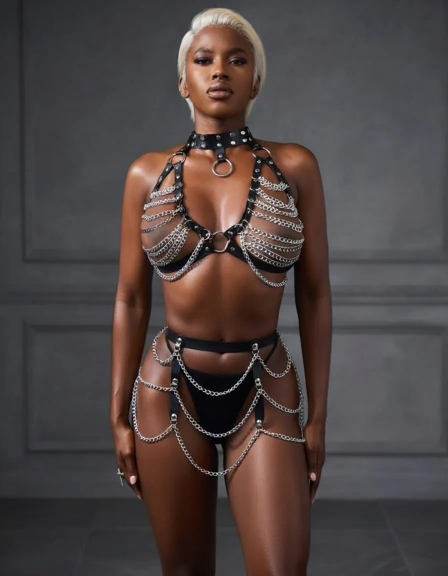 New Dreams Metal Zincir Fantazi Harness Takım Ayarlanabilir Gövde Zinciri, Deri Detaylı Erotik Aksesuar görsel 8