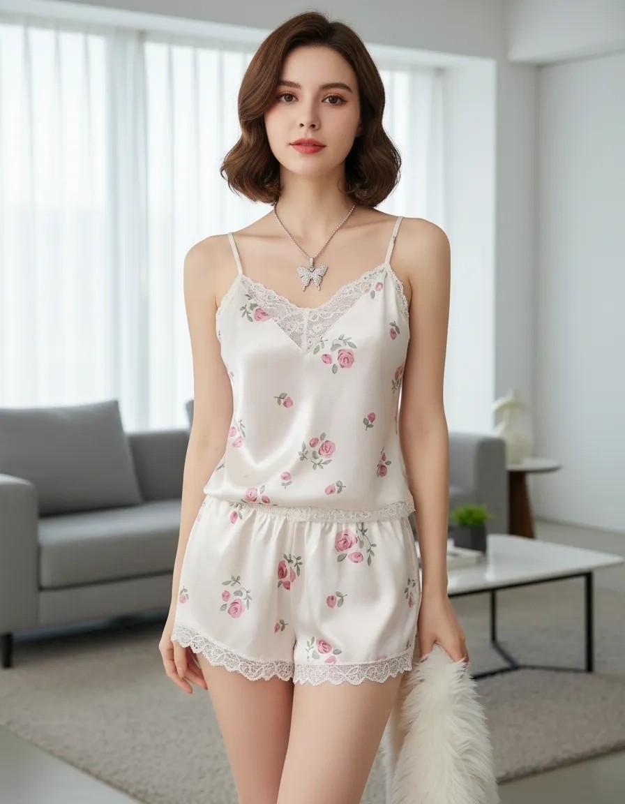 Nemere Kadın Ekru Gül Desenli Askılı Dantel Detaylı Pijama Takımı Şık ve Rahat Tasarım