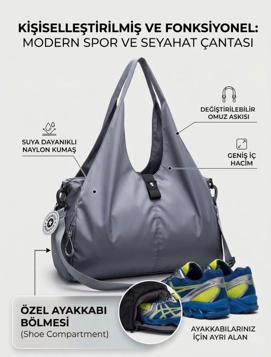 VB Collection Kadın Spor ve Seyahat Çantası Su Geçirmez Naylon Ayakkabı Bölmeli Geniş Hacimli Fitness Omuz Çantası görsel 7