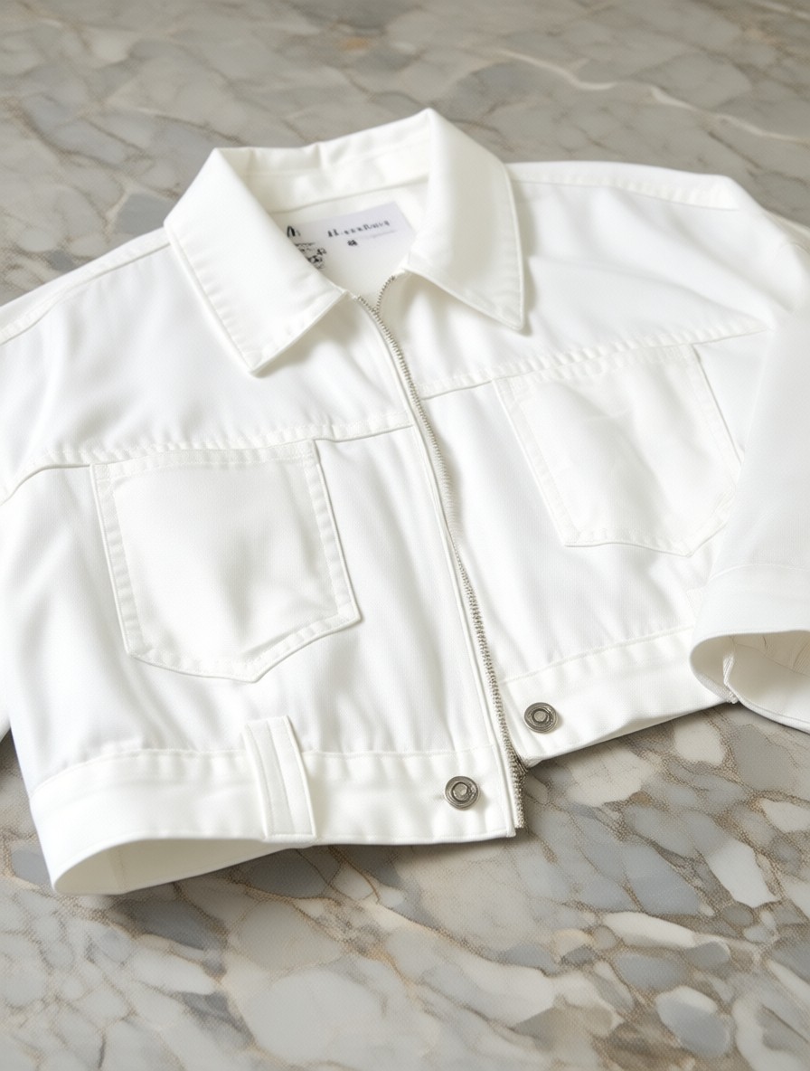 LB Laluna Butik Kadın Ekru Fermuarlı Crop Ceket Salaş Kesim %80 Pamuk Göğüs Cepli görsel 8