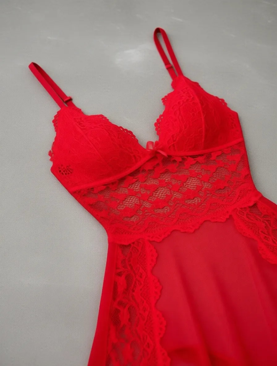 Renkli Fırsatlar Kadın Dantelli Göğüs ve Sırt Dekolteli Seksi Kırmızı Gecelik L/xl görsel 6