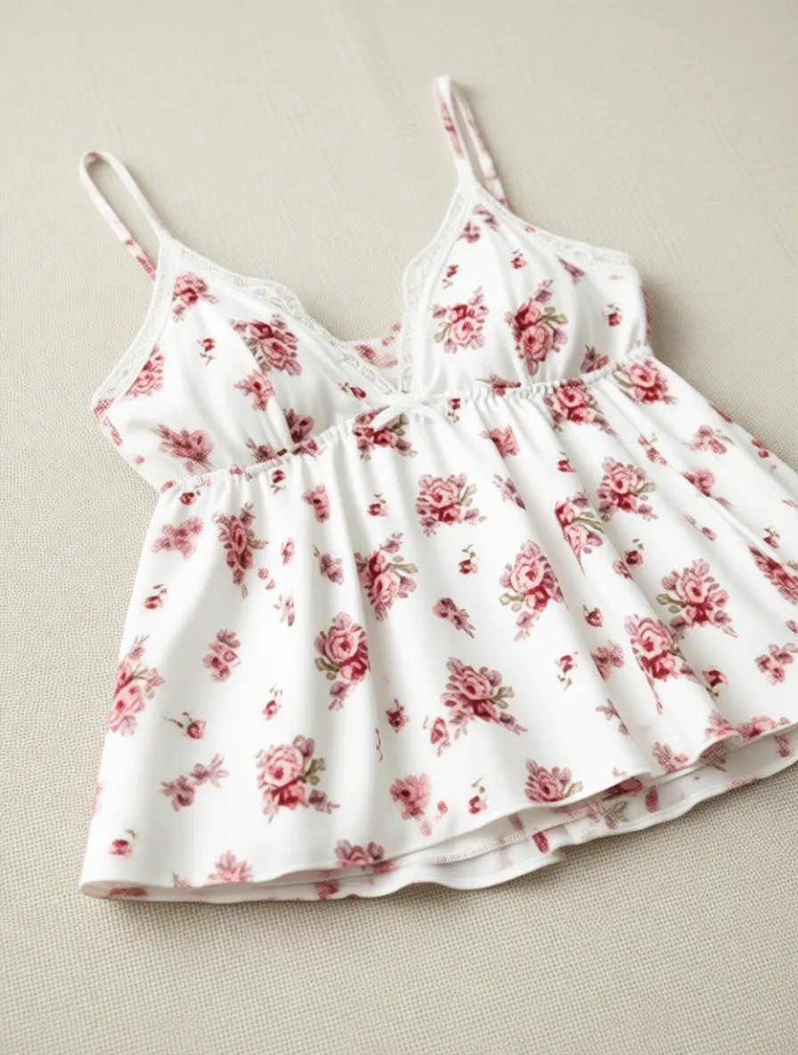 Bella Notte Çiçek Desenli Dantel Detaylı Pijama Takımı 2 Parça Beyaz Renk görsel 7