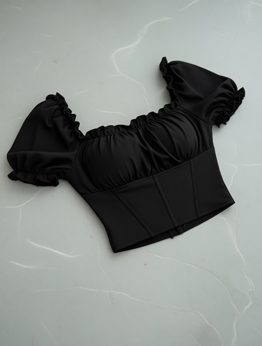 Qutta Kadın Siyah Crop Bluz Büzgülü Madonna Yaka Dalgıç Kumaş Straplez Kısa Kol L Beden görsel 6
