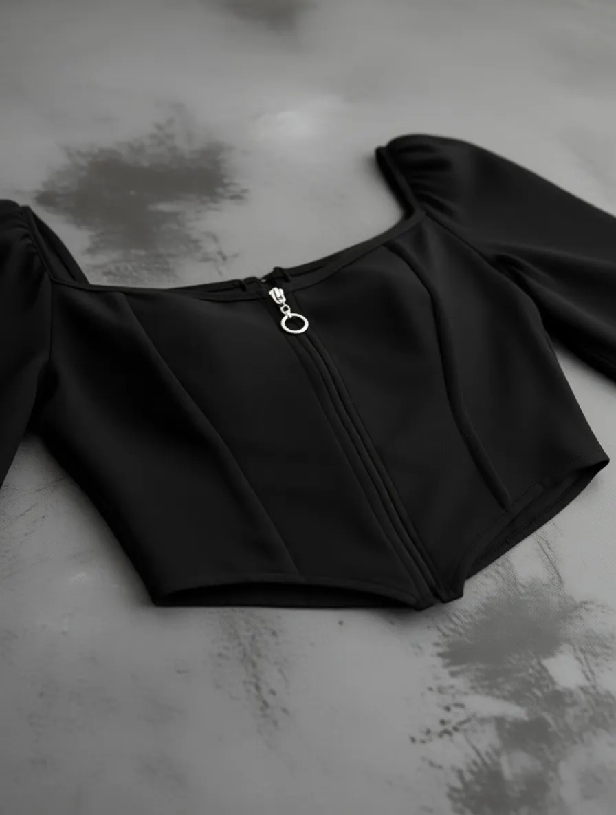 Qutta Kadın Siyah Crop Bluz Uzun Kol Şifonlu Fermuarlı Kare Yaka Polyester - Pamuk görsel 8