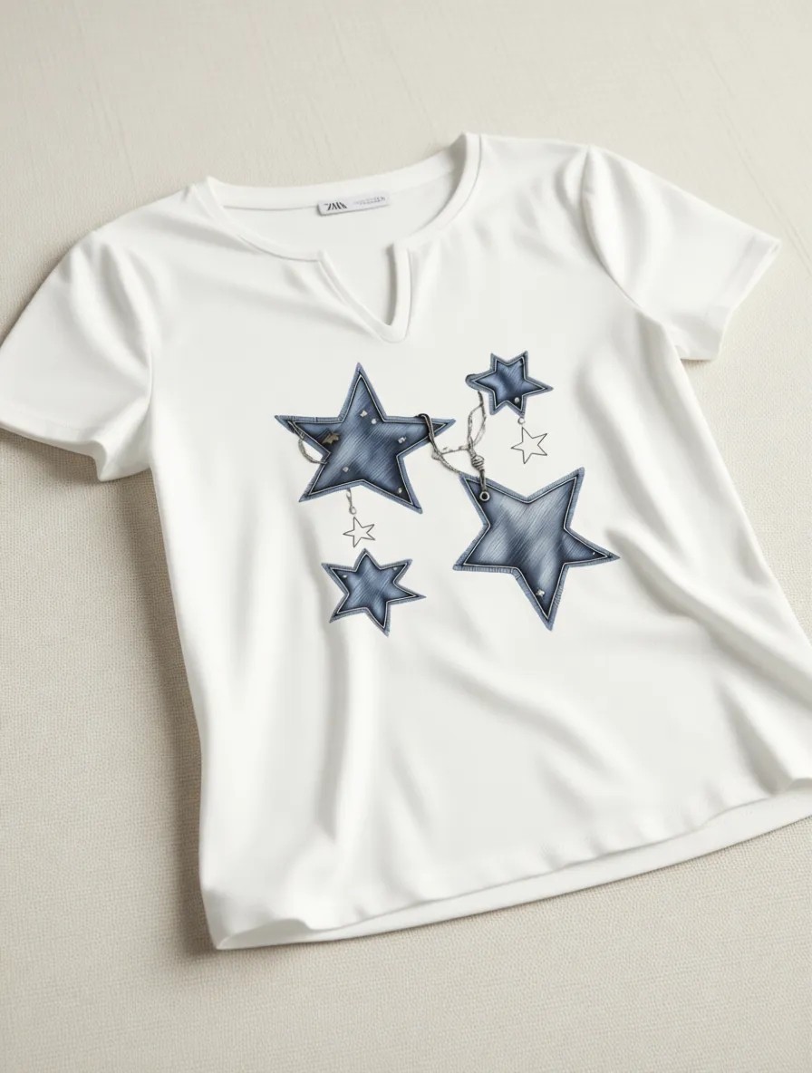 Mercoledi Kadın Kot Desenli Yıldız Baskılı Yarım V-Yaka Kollu Regular Kalıp Rahat T-Shirt görsel 6