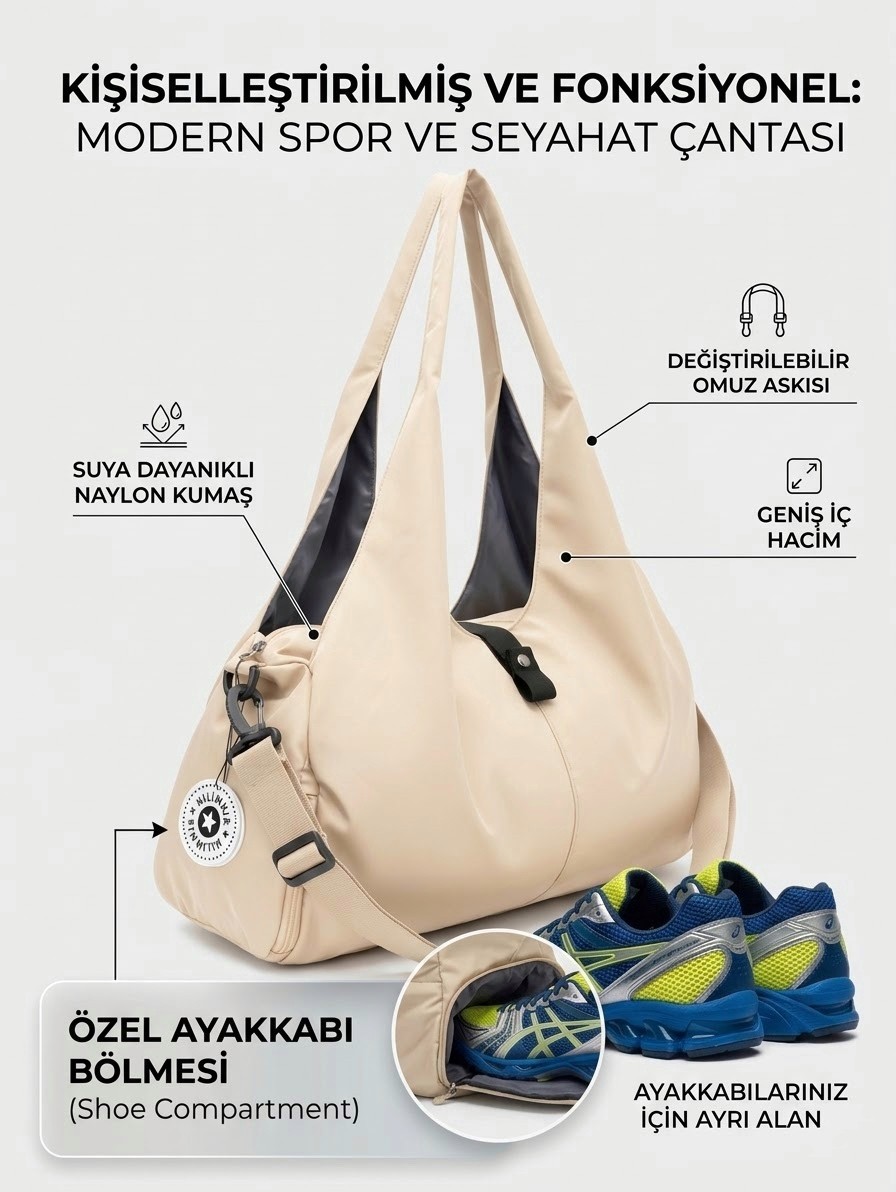 VB Collection Kadın Spor ve Seyahat Çantası Su Geçirmez Naylon Ayakkabı Bölmeli Geniş Hacimli Fitness Omuz Çantası görsel 4