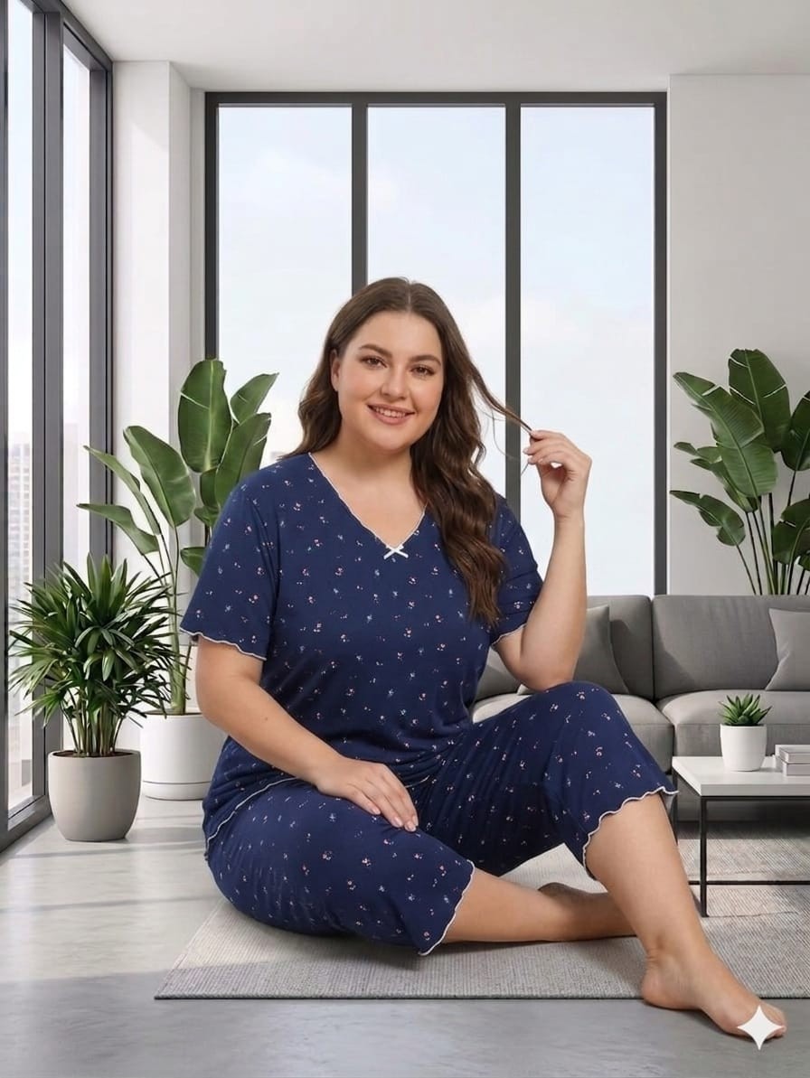 Asel Büyük Beden Kısa Kol Pamuklu Ultrasoft Likralı Kapri Pijama Takımı görsel 4