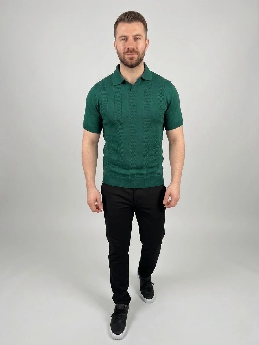 Tarz Yeri Erkek Yazlık Triko Dokuma Tişört Kısa Kol Polo Yaka T-Shirt - Koyu Yeşil görsel 2