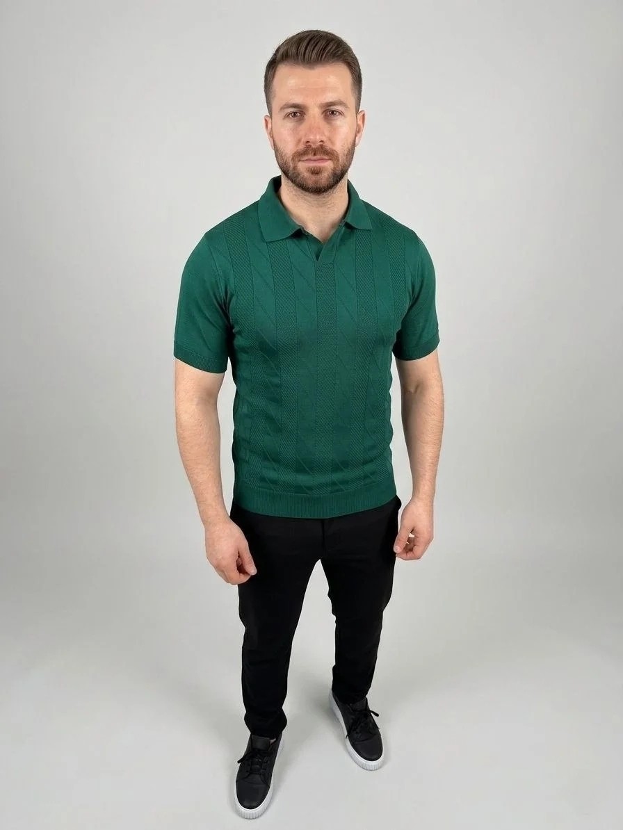 Tarz Yeri Erkek Yazlık Triko Dokuma Tişört Kısa Kol Polo Yaka T-Shirt - Koyu Yeşil görsel 3