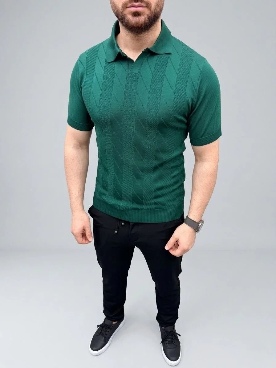 Tarz Yeri Erkek Yazlık Triko Dokuma Tişört Kısa Kol Polo Yaka T-Shirt - Koyu Yeşil görsel 4