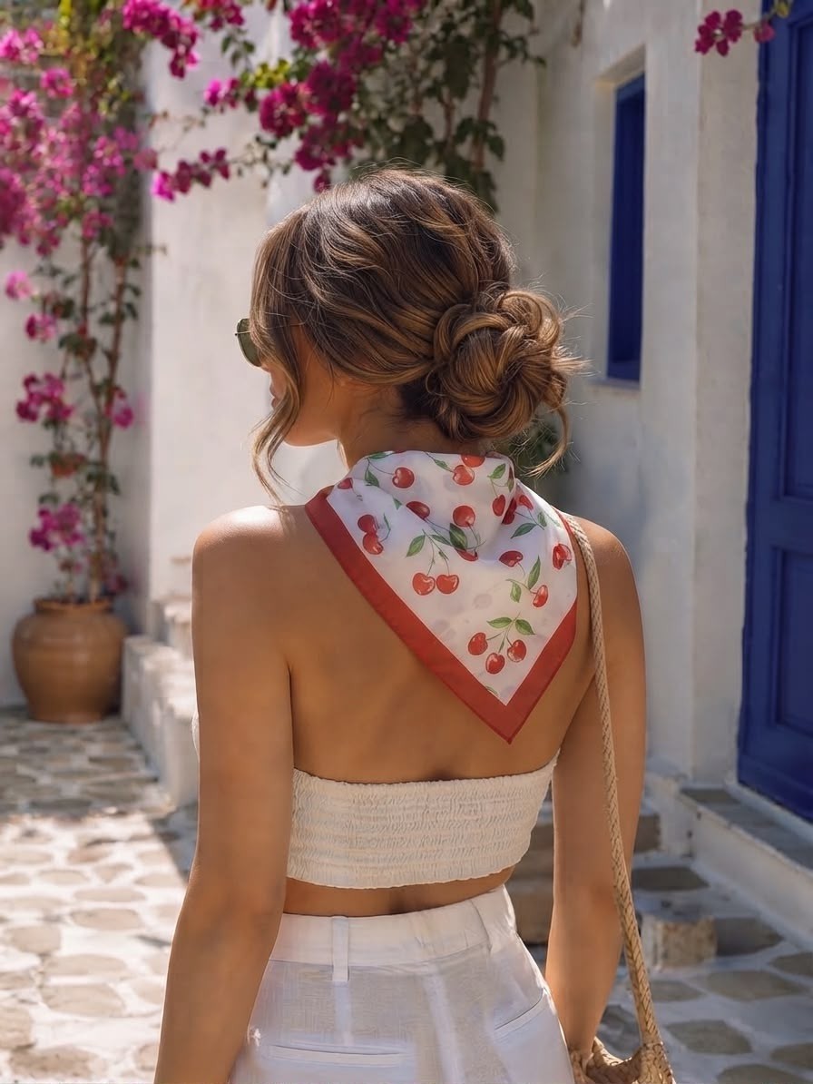 Revam Collection Kiraz Desenli Fular Bandana Şal 50X50 görsel 2